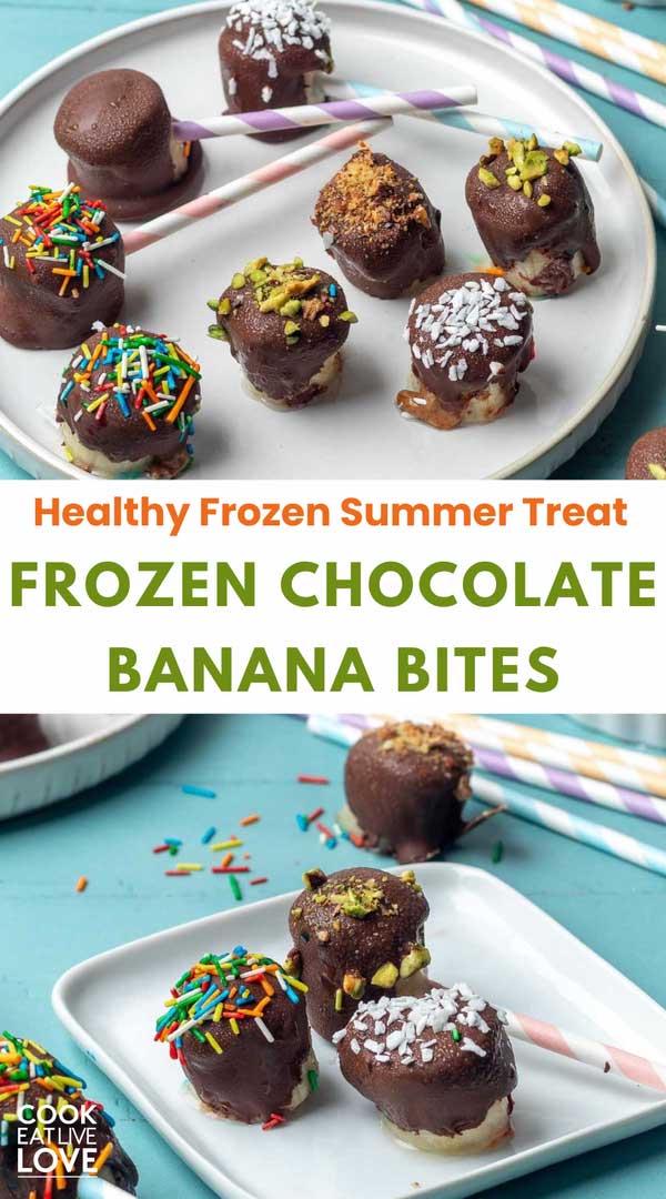Pin for pinterest graphic with two images of banana bites and text on top.