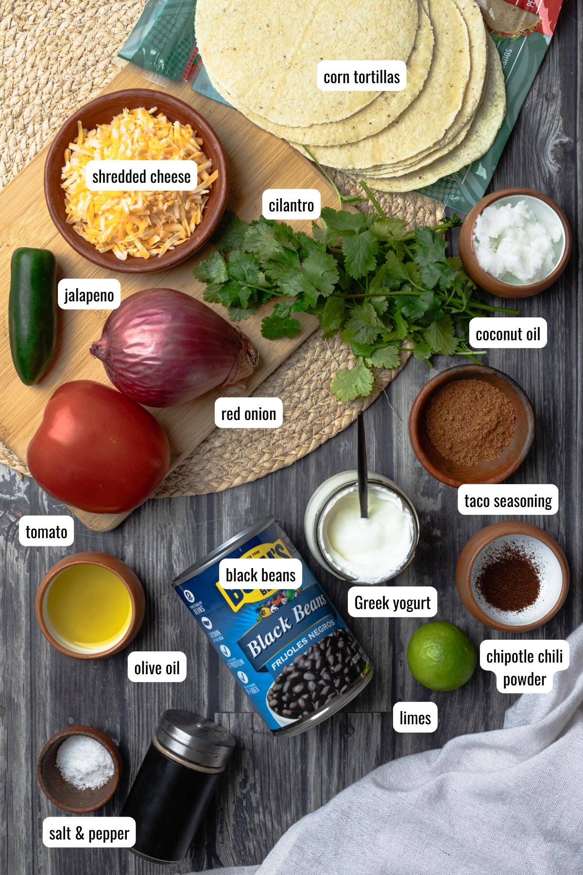 Ingredients to make black bean tacos on the table before making.