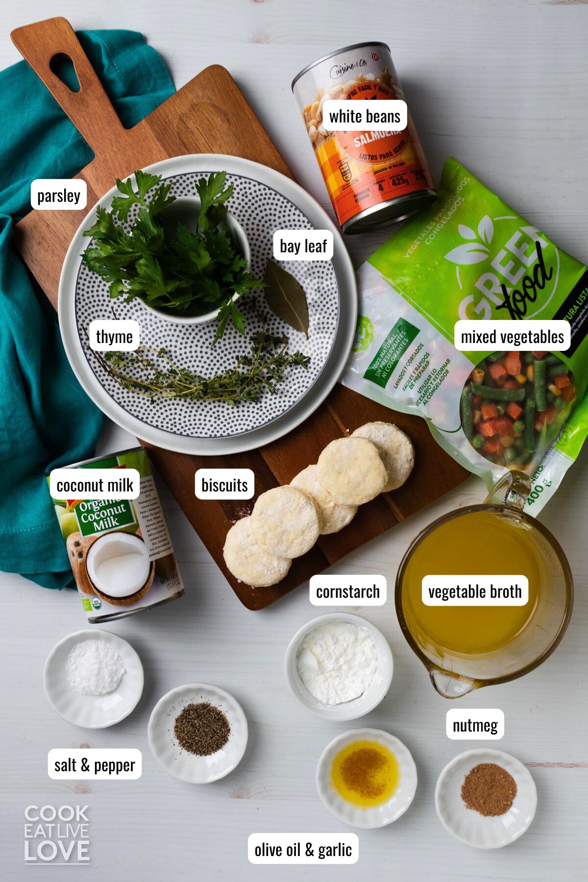 Ingredients to make vegan pot pie on the table with text labels. 