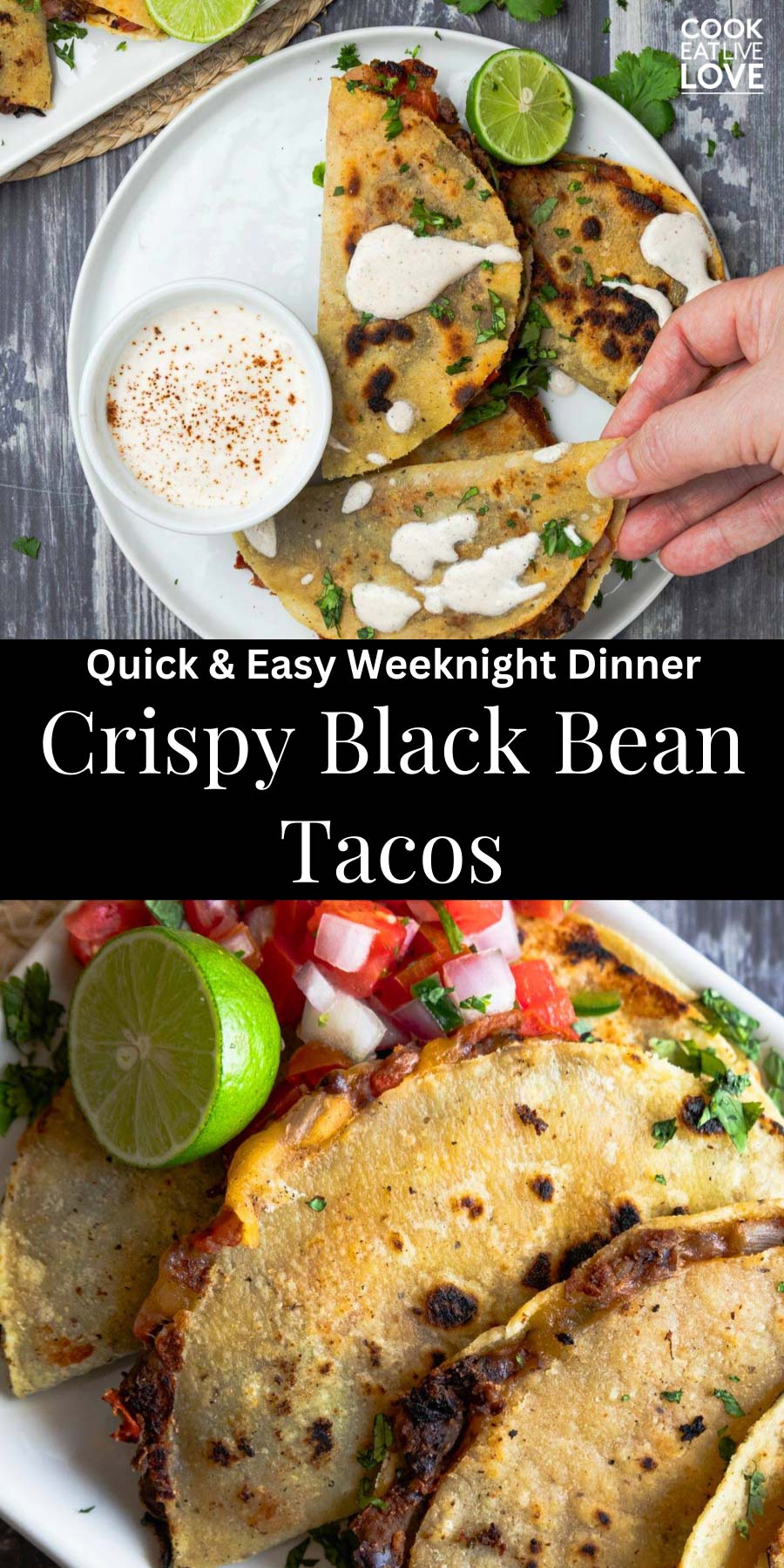 Pin for pinterest graphic with images of crispy black bean tacos with text on top.