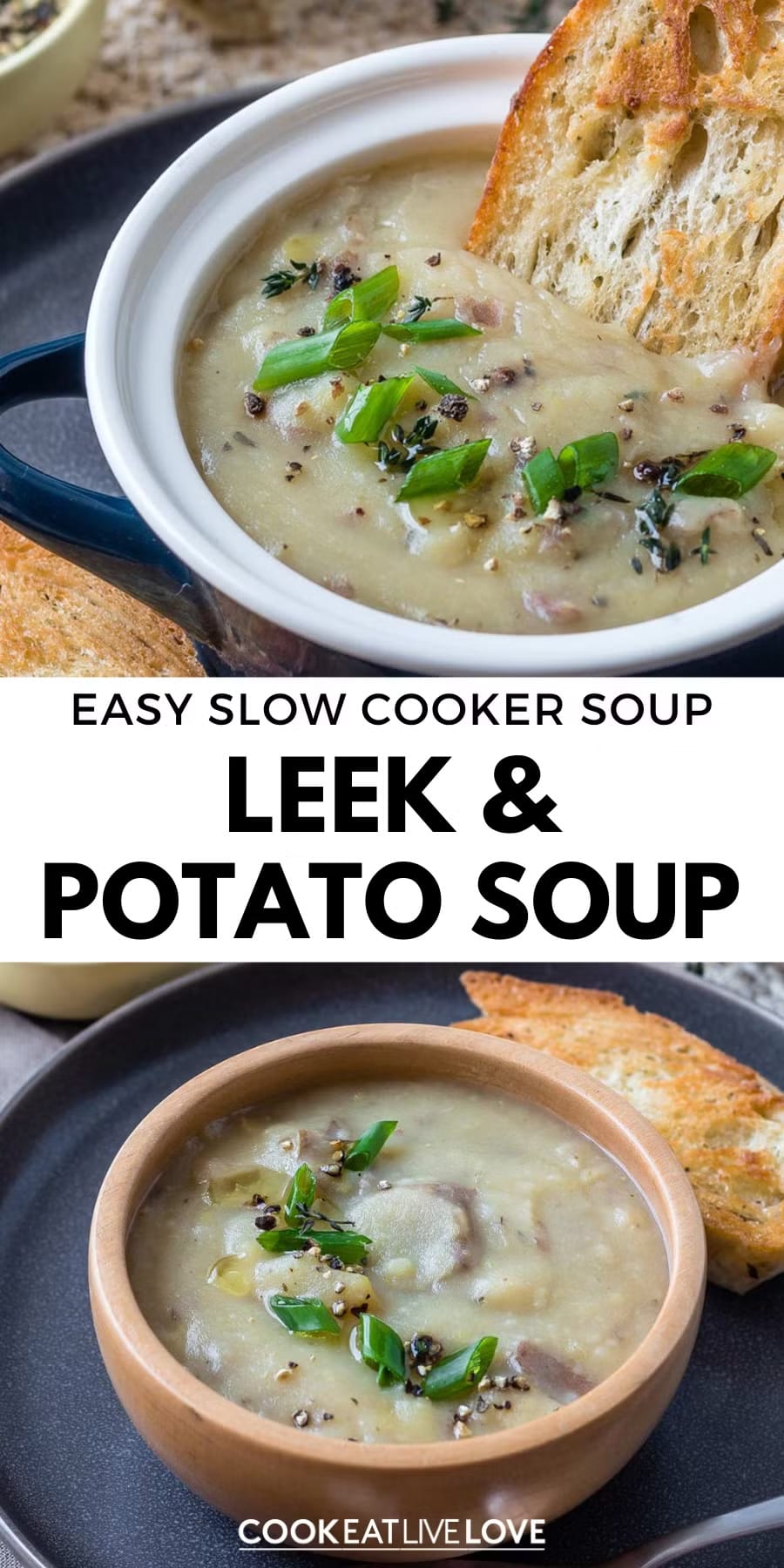 Pin for pinterest graphic with image of vegan potato leek soup with text on top.