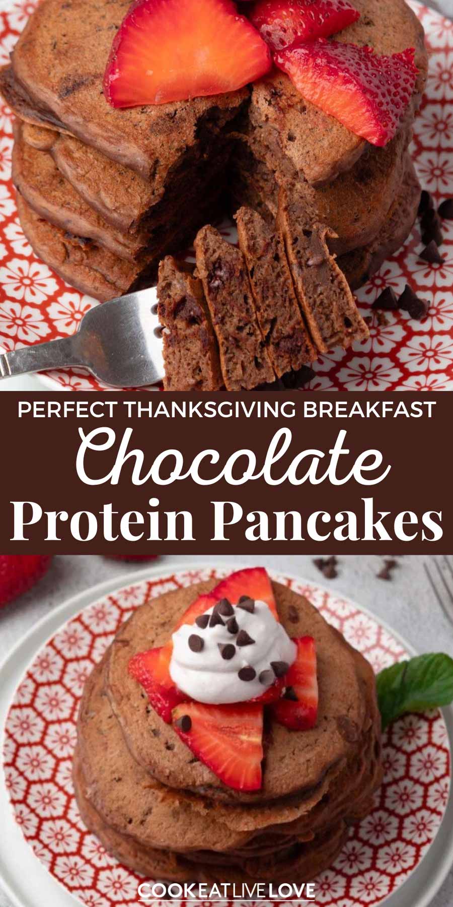 Pin for pinterest graphic with image of chocolate protein pancakes and text on top.