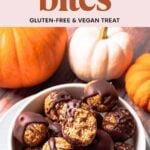 Pin for pinterest graphic with image of pumpkin bites and text on top.