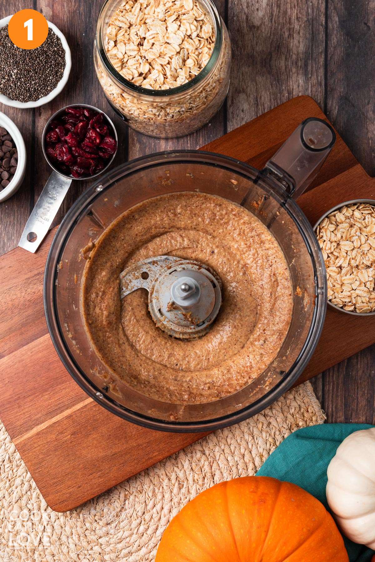 Almond butter and pumpkin blended in a food processor.