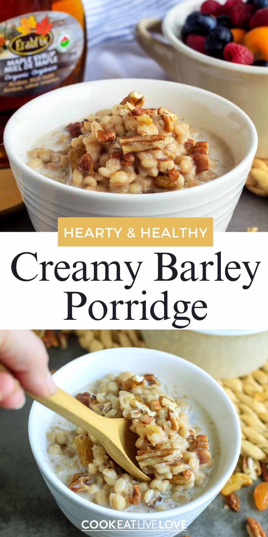 Pinterest graphic with images of barley porridge and text on top.