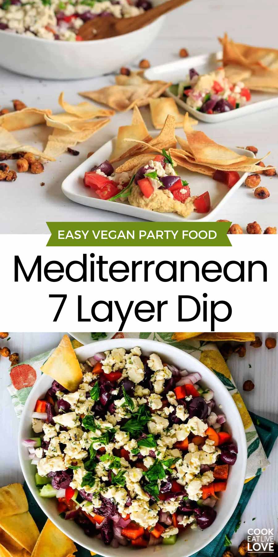 Pin for pinterest graphic with images of dip and text on top.