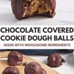 Pin for pinterest graphic with images of chocolate cookie dough balls and text on top.