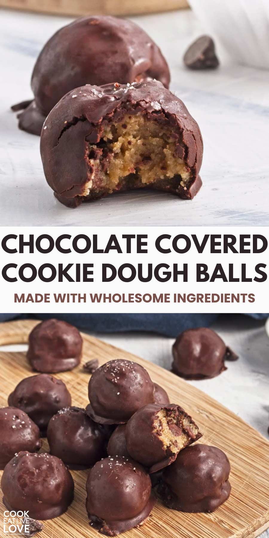 Pin for pinterest graphic with images of chocolate cookie dough balls and text on top.