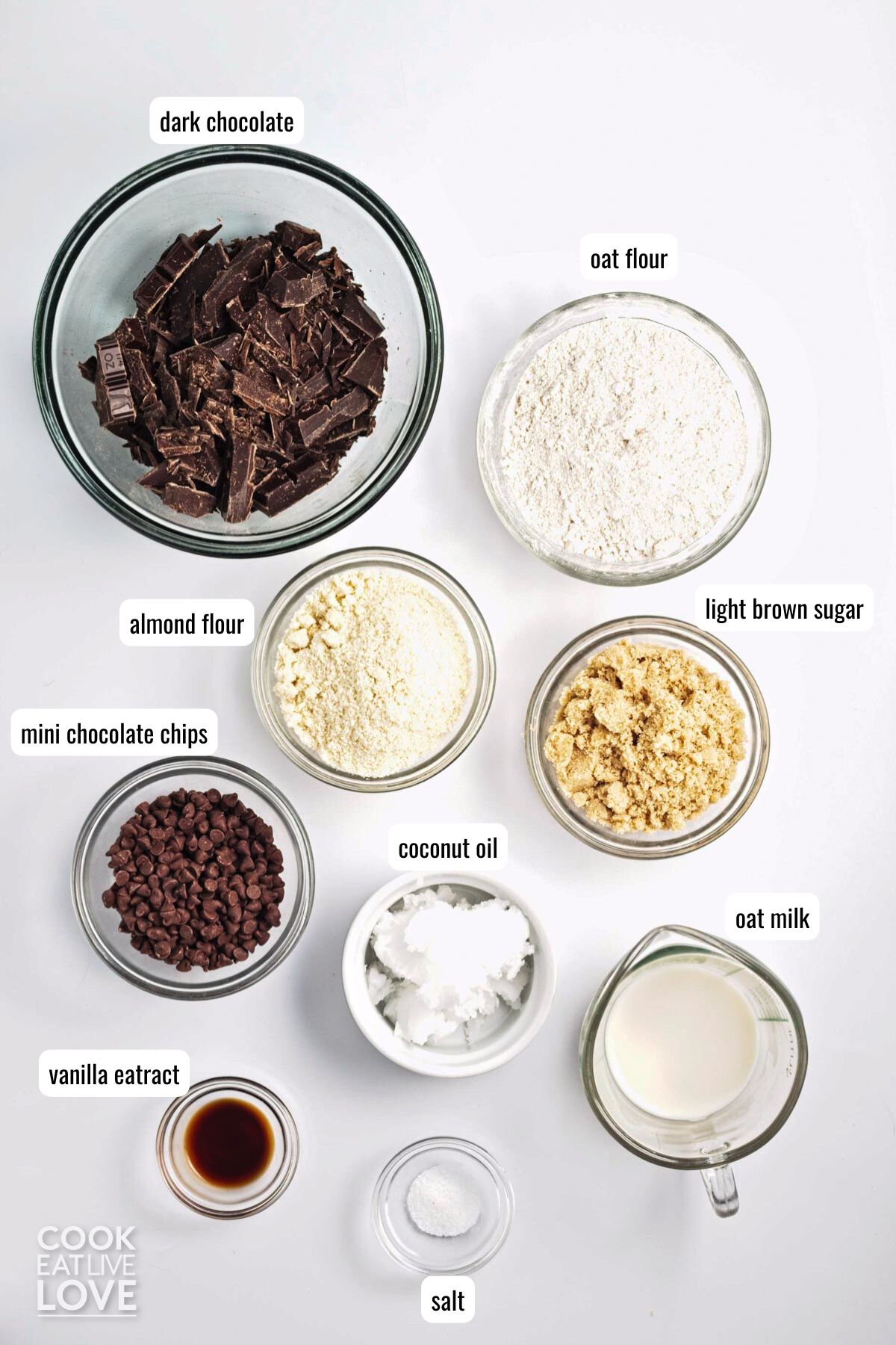 Ingredients to make cookie dough truffles on the table with text labels.