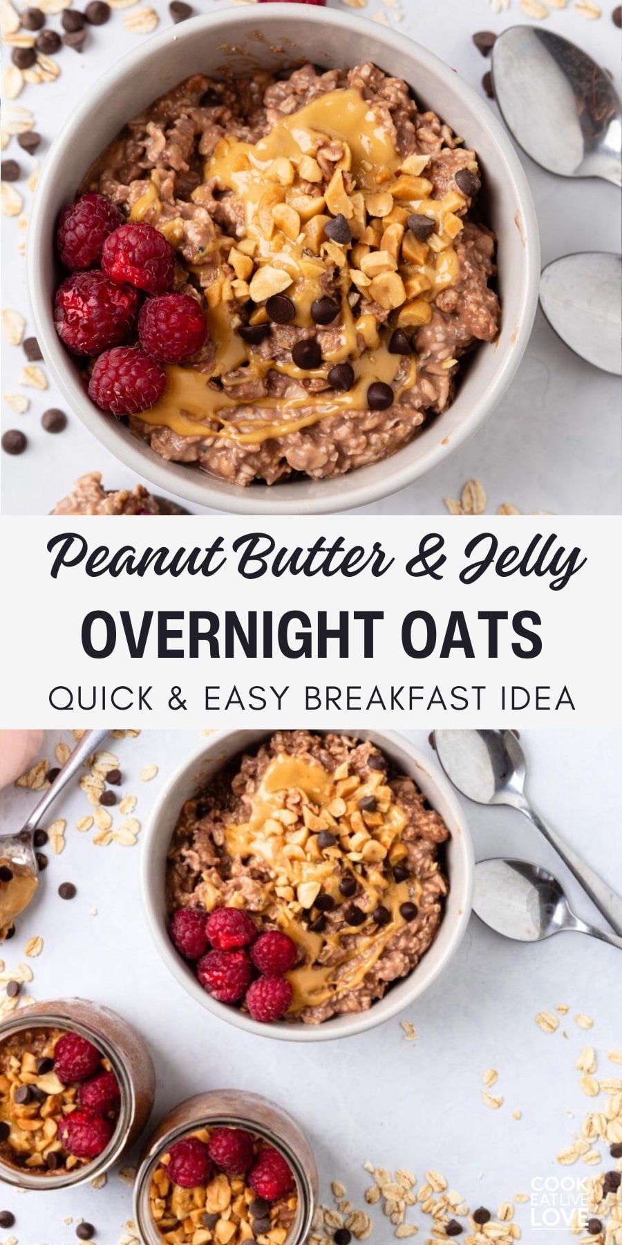Pin for pinterest graphic with images of pbj overnight oats and text on top.