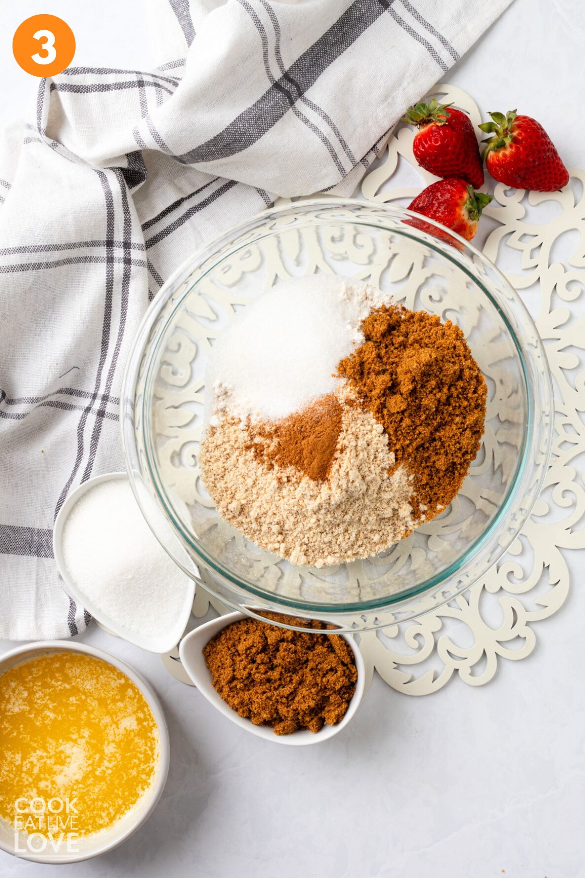 Crumble ingredients added to a bowl.