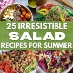 Pin for pinterest graphic with images of salad recipes and text on top.