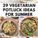 Pin for pinterest graphic with images of potluck dishes and text on top.