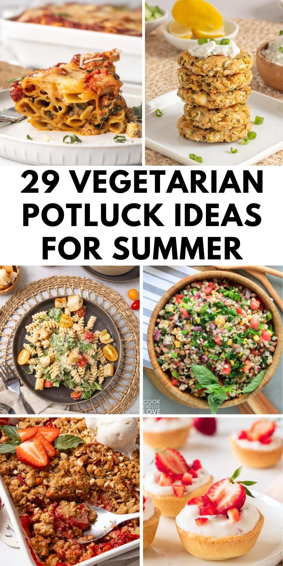 Pin for pinterest graphic with images of potluck dishes and text on top.