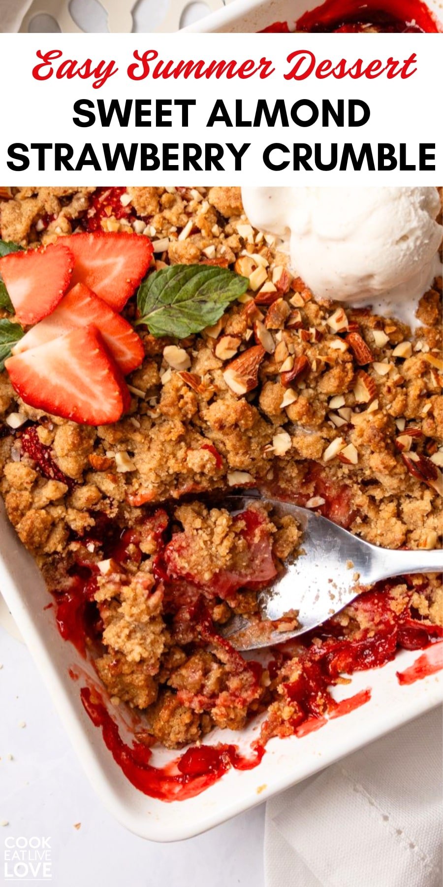 Pin for pinterest graphic with image of strawberry crumble and text on top.