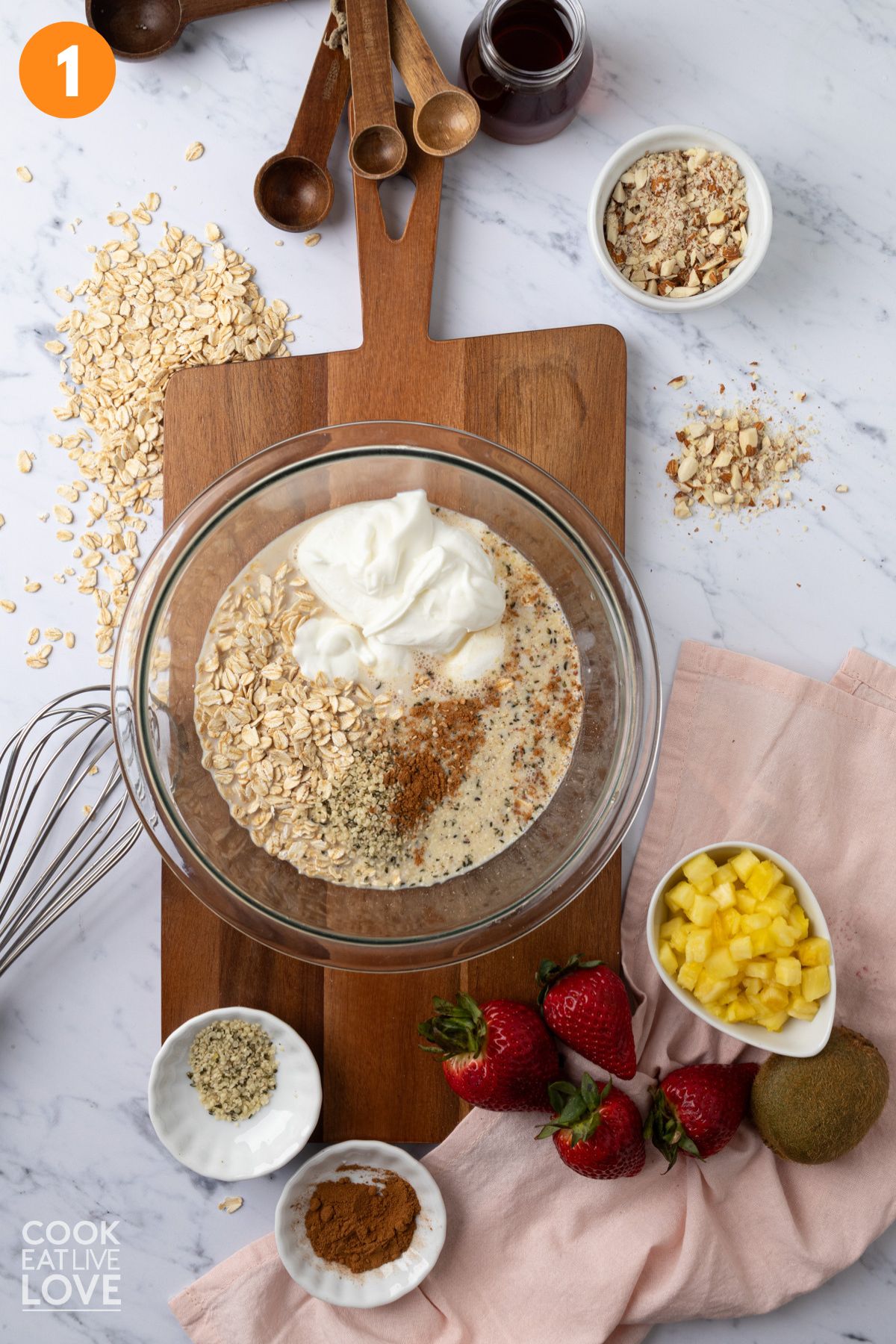 Ingredients added to a mixing bowl.
