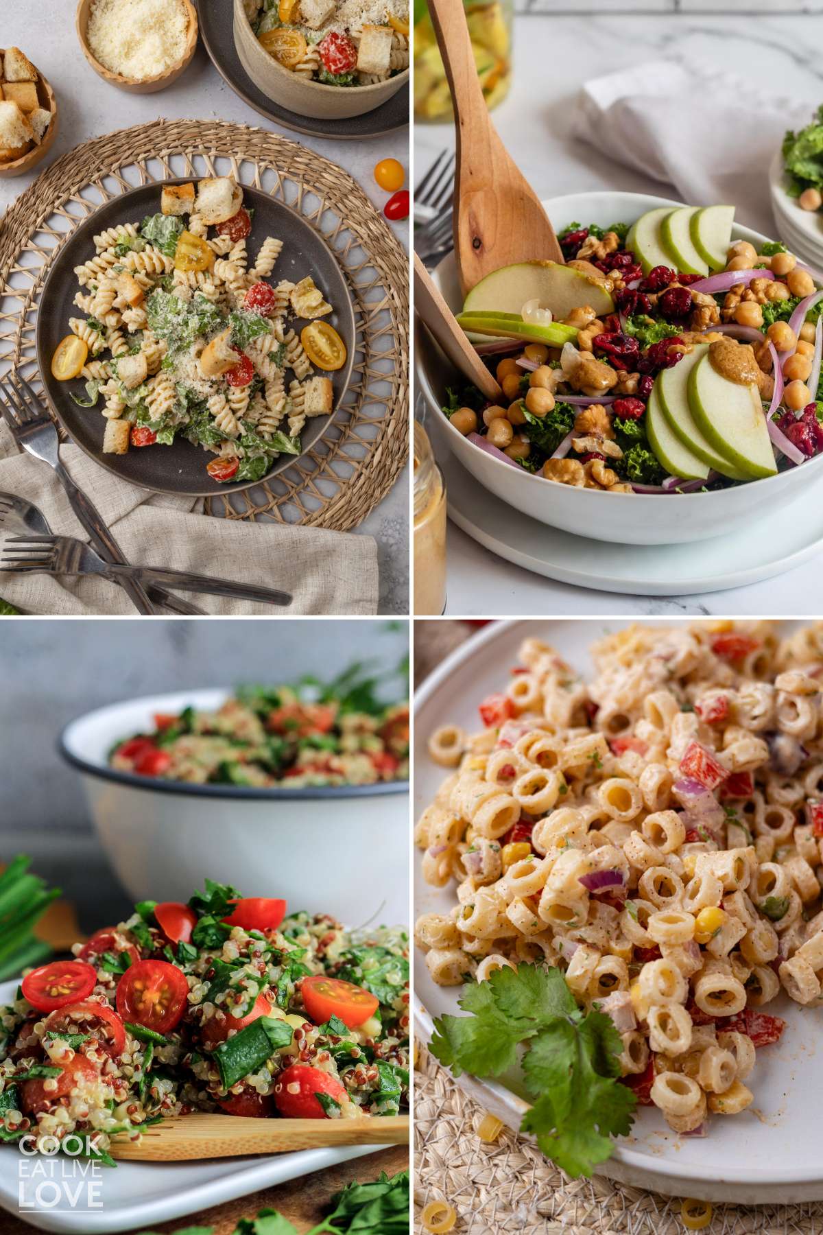 A collage of summer salad recipes including pasta salads, a kale salad, and quinoa salad.
