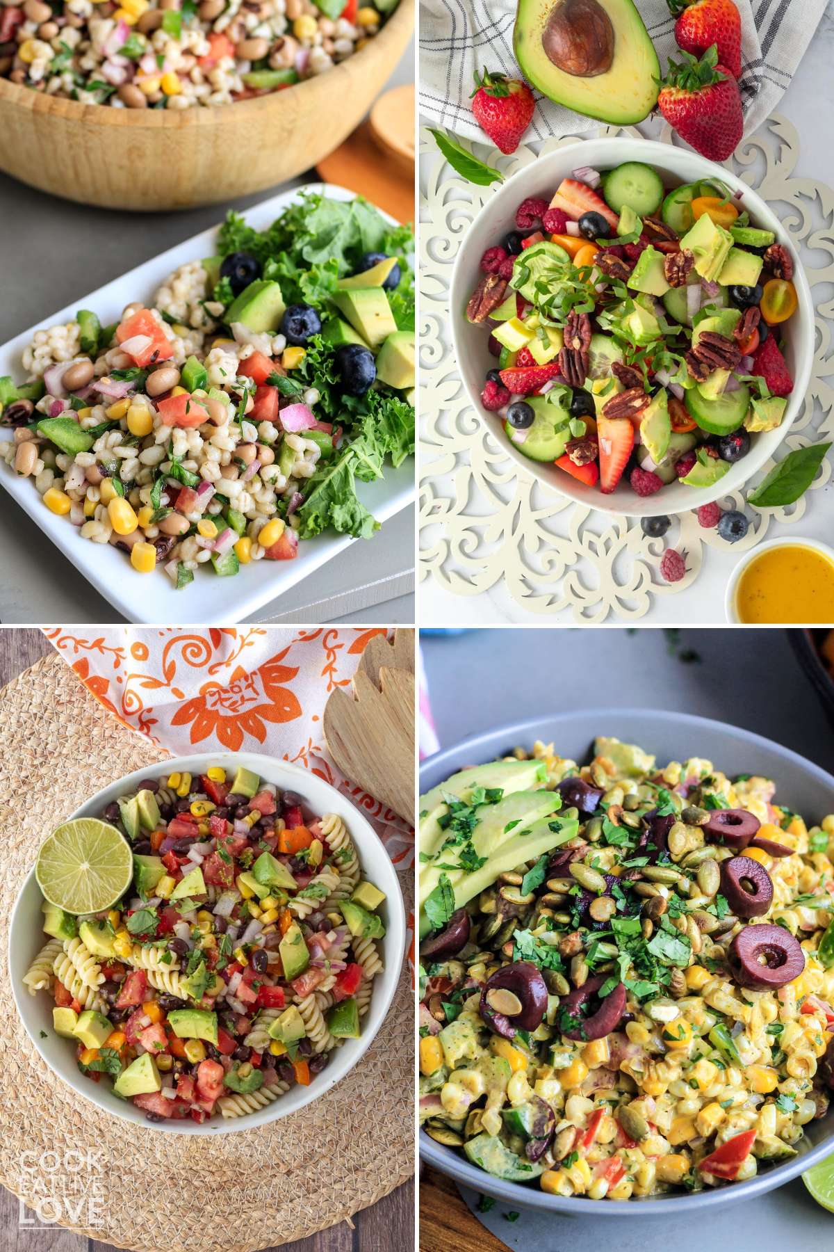 A collage of four different summer salad recipes.
