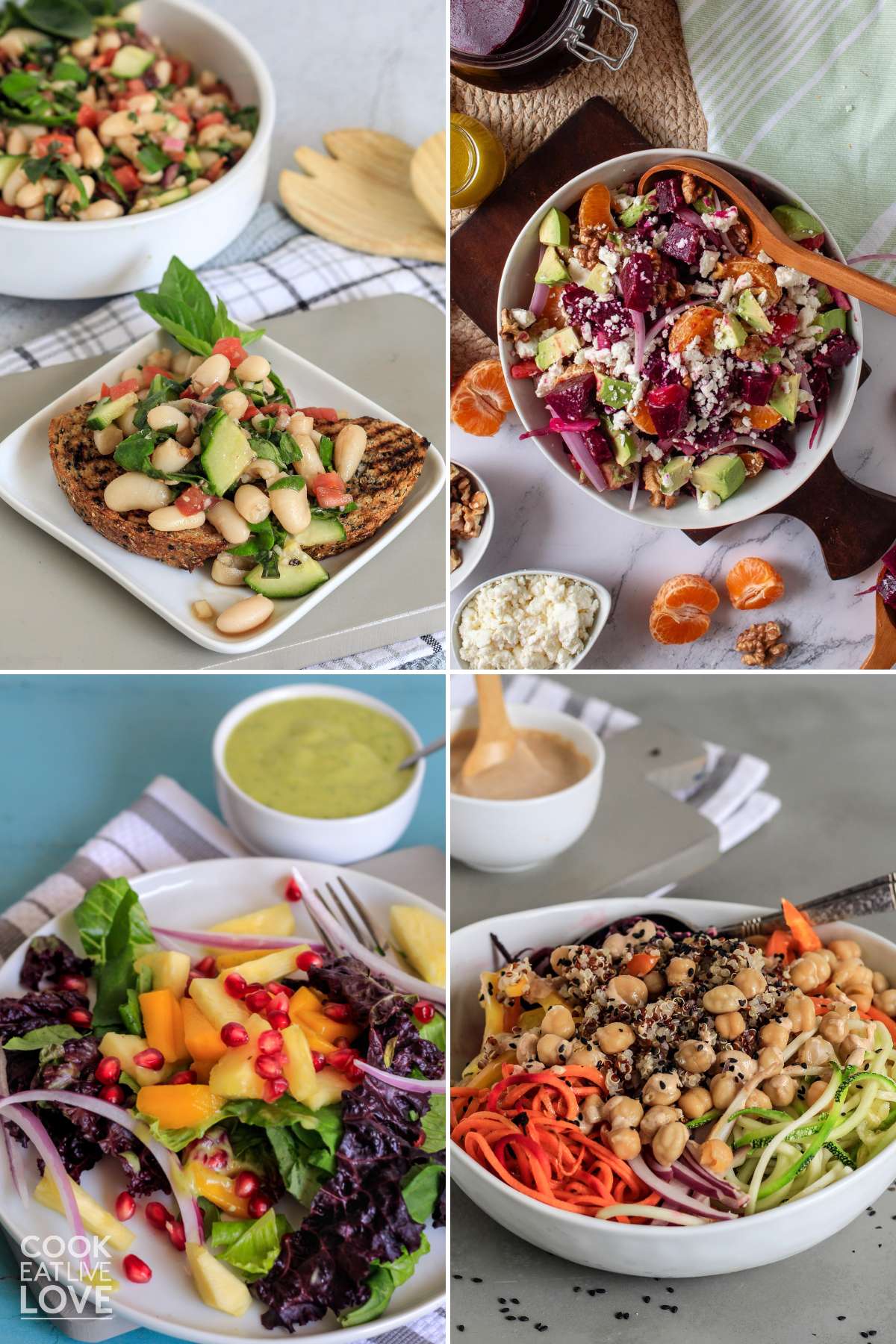 A collage of summer vegetable salads including bean salad, pickled beet, fruit salad, and a veggie salad.