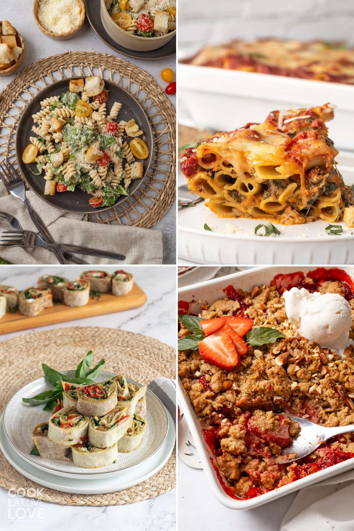 A collage of vegetarian potluck ideas including a salad, casserole, pinwheels, and crumble dessert.