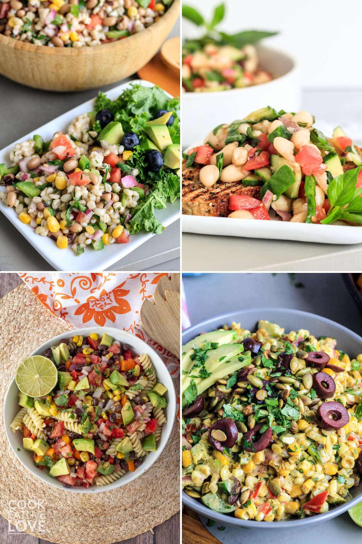 A collage of salads for a potluck.
