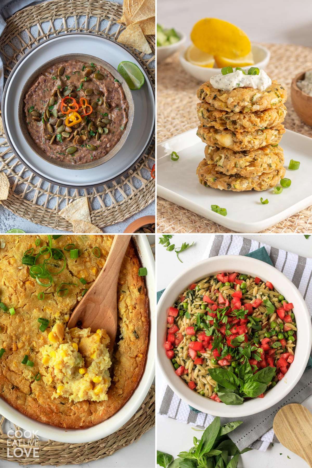 A collage of appetizers and side dishes to carry for a potluck.