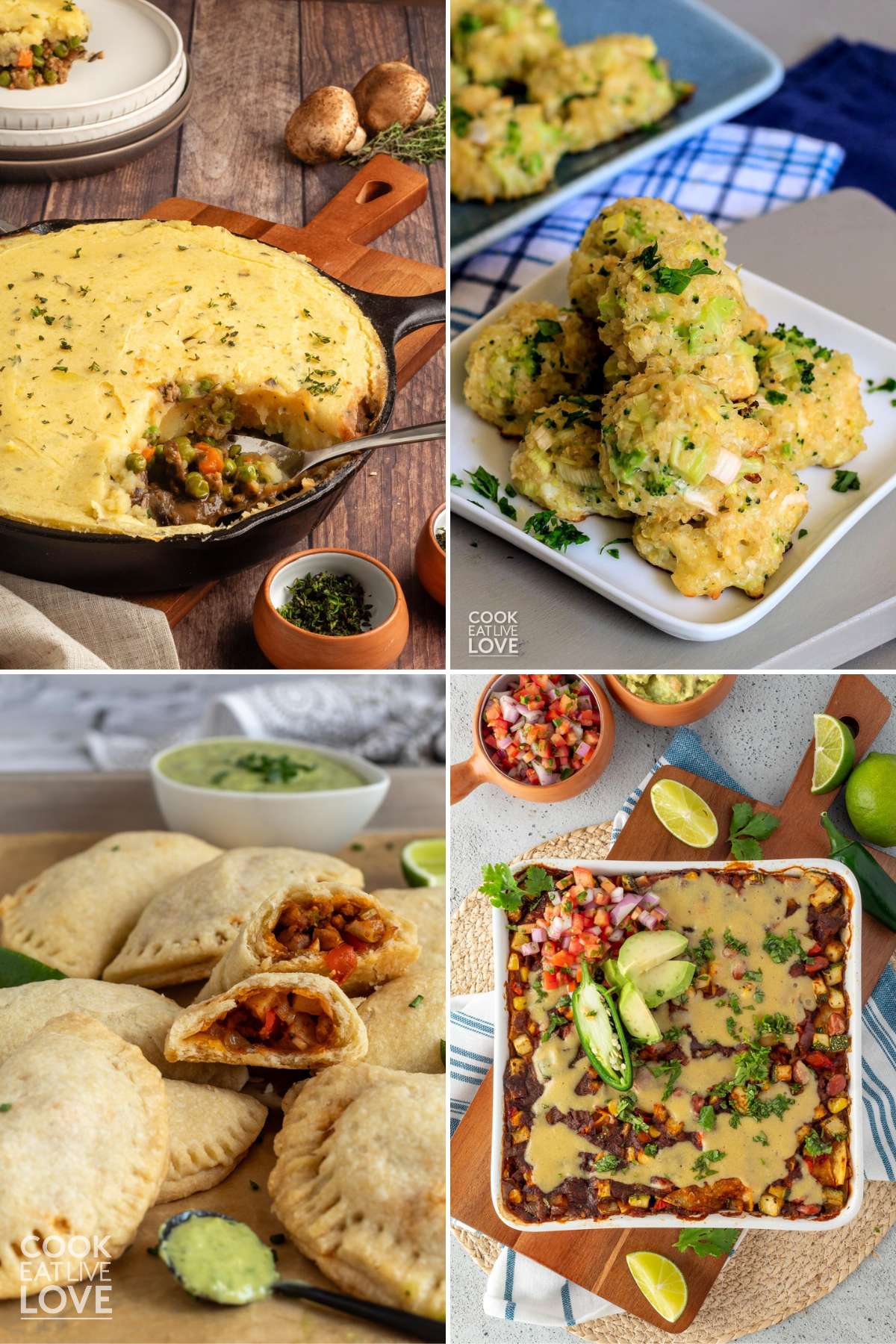 A collage of vegetarian potluck dishes.