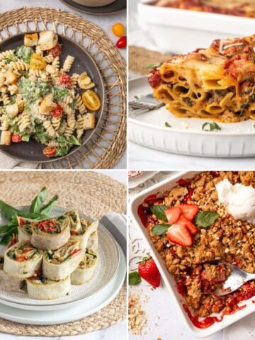 A collage of four vegetarian potluck ideas.