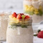 A pin for pinterest graphic with image of yogurt overnight oats and text on top.