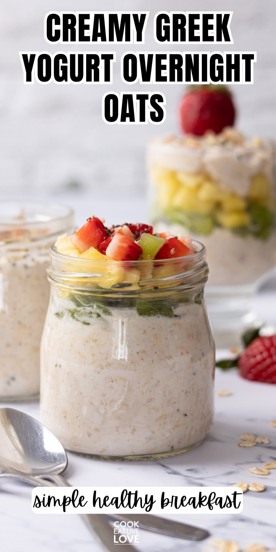 A pin for pinterest graphic with image of yogurt overnight oats and text on top.