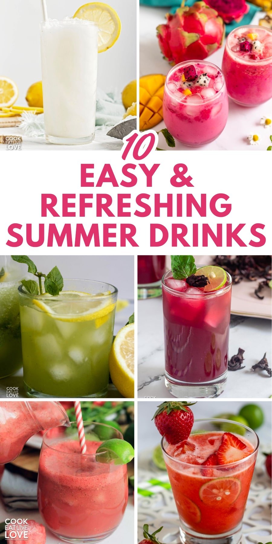 Pin for pinterest graphic with different images of summer drinks in different colors and flavors.