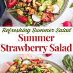 Pin for pinterest graphic with images of strawberry salad and text on top.