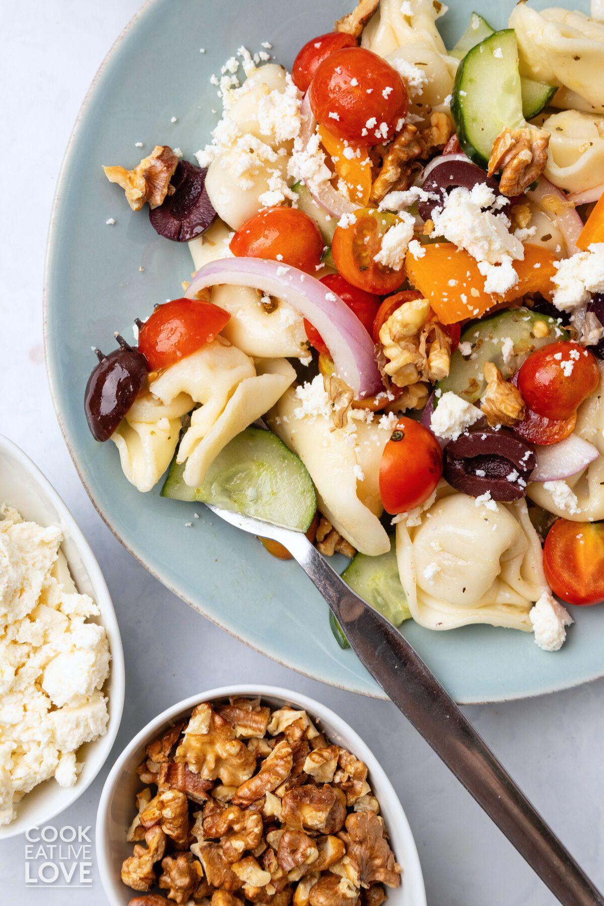 A plate of Greek tortellini salad with a fork resting on the plate.