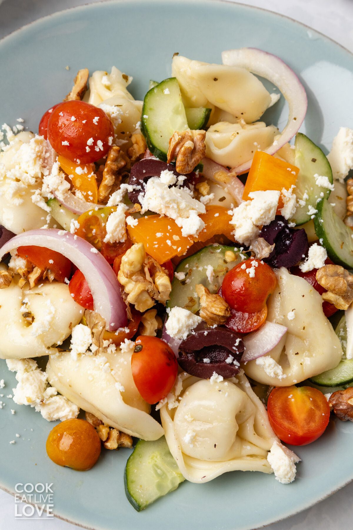 Greek tortellini salad with tomatoes, onions, bell pepper and olives on a blue plate.