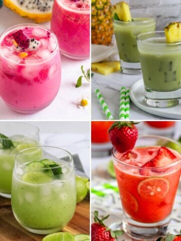 A collage of summer drink recipes including a dragon drink, matcha pineapple, agua fresca, and strawberry limemade.