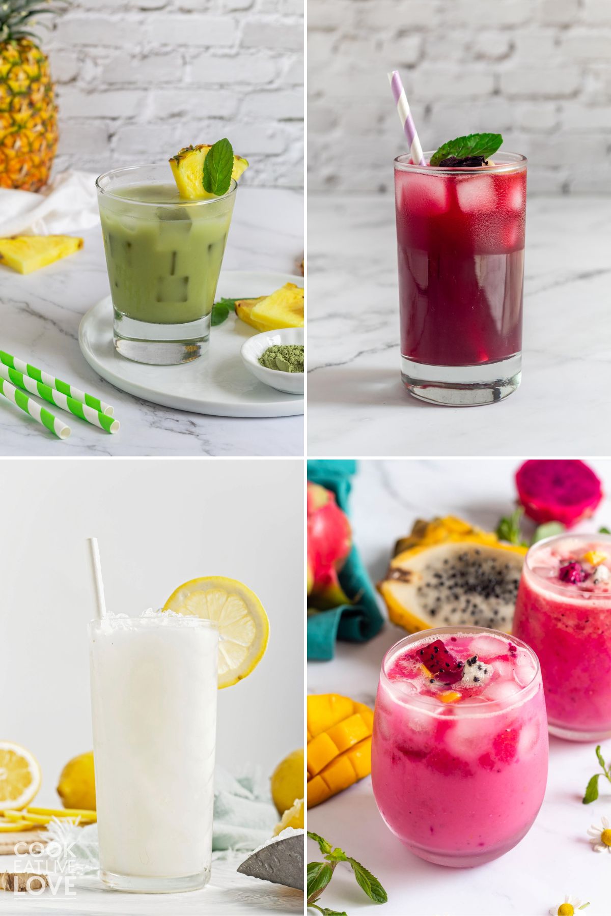 A collage of summer drinks including coconut lemonade, matcha drink, agua fresca, and pink dragon drink.