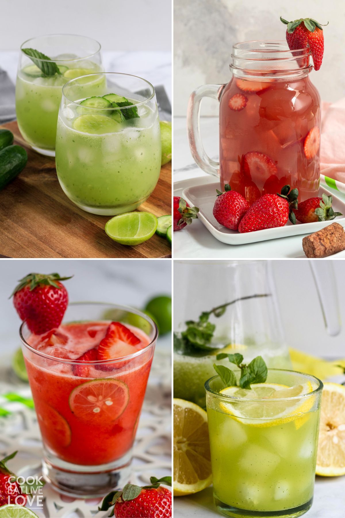A collage of different summer drink recipes from cucumber lemonade to strawberry refresher. 