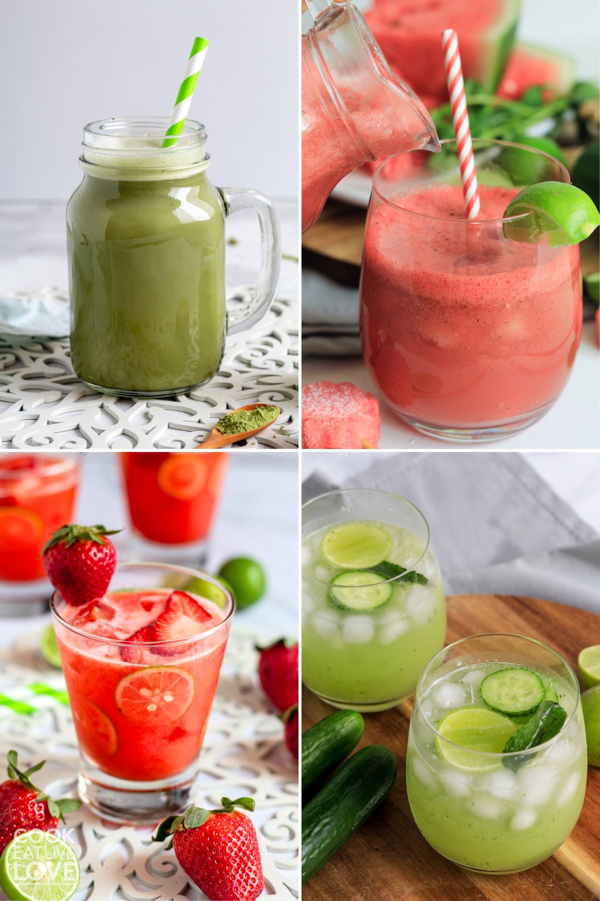 A collage of four different summer drinks that are green, red, and pink.