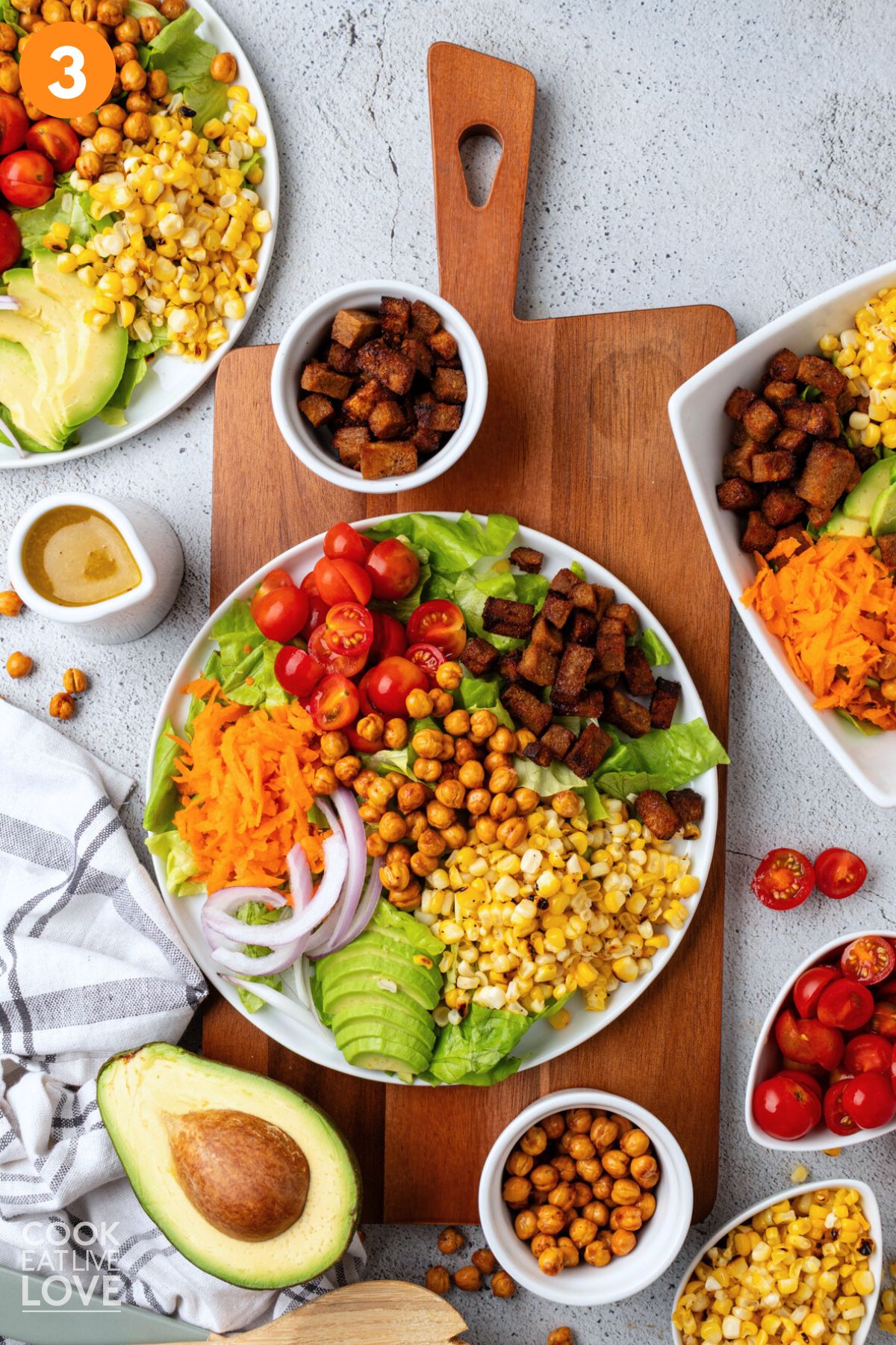 Vegan cobb salad assembled on a plate.