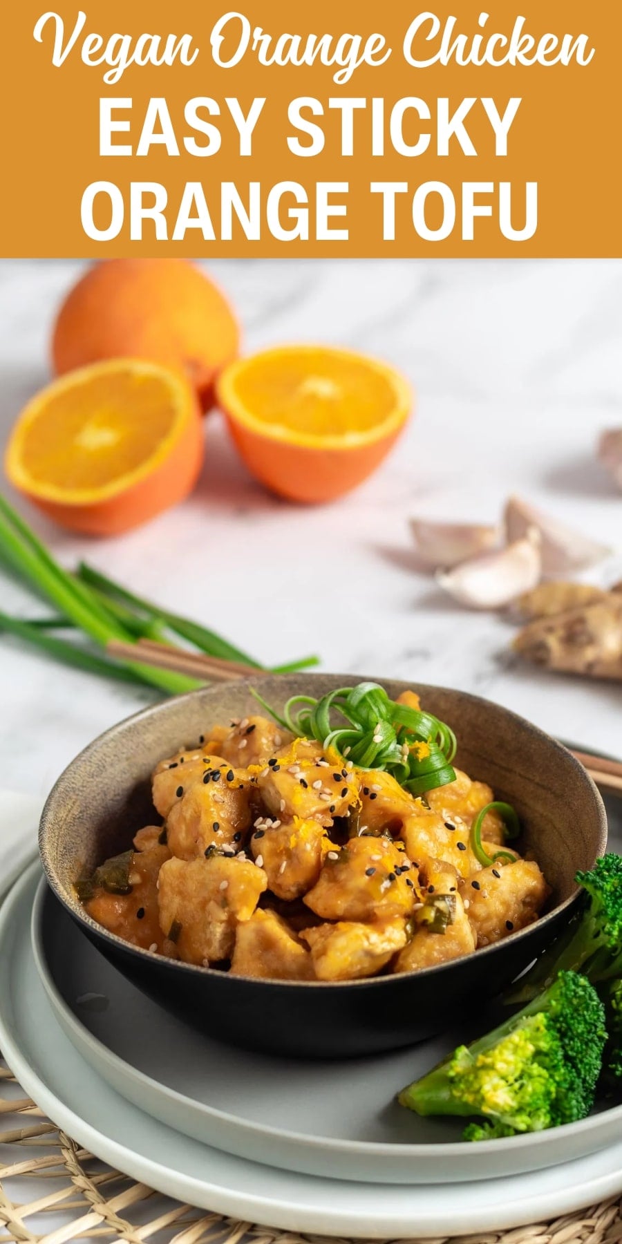 Pin for pinterest graphic with image of orange tofu and text on top.
