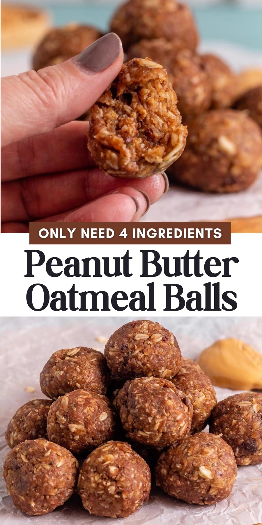 Pin for pinterest graphic with image of peanut butter oatmeal balls and text on top.