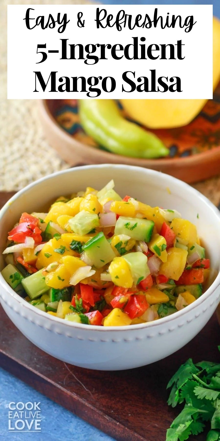 Pin for pinterest graphic with image of mango salsa and text on top.