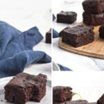 Pin for pinterest graphic with brownies on a white surface and text on top.