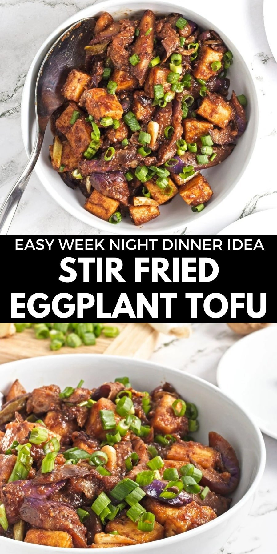 Pin for pinterest graphic with image of eggplant and tofu recipe and text on top.