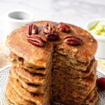 Pin for pinterest graphic with images of zucchini pancakes and text on top.