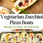 Pin for pinterest graphic with images of pizza boats and text on top.