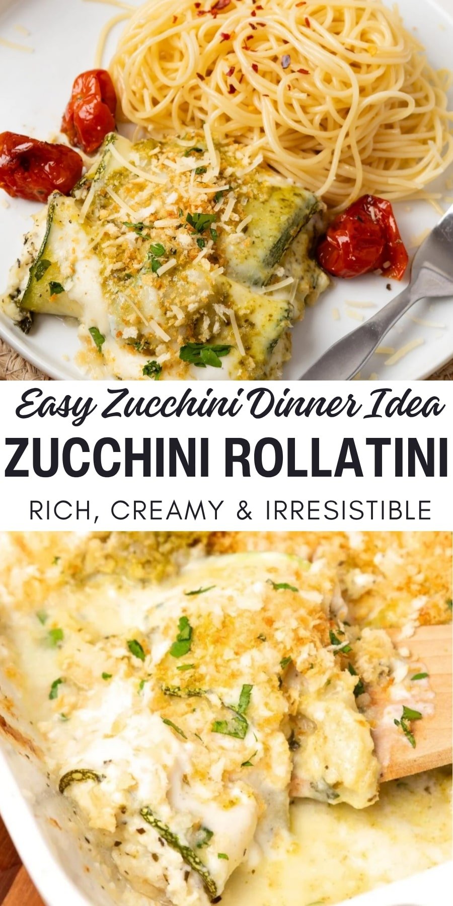 Zucchini rollatini pinterest pin graphic with images and text on top.