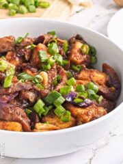 A bowl of eggplant tofu garnished with green onions.