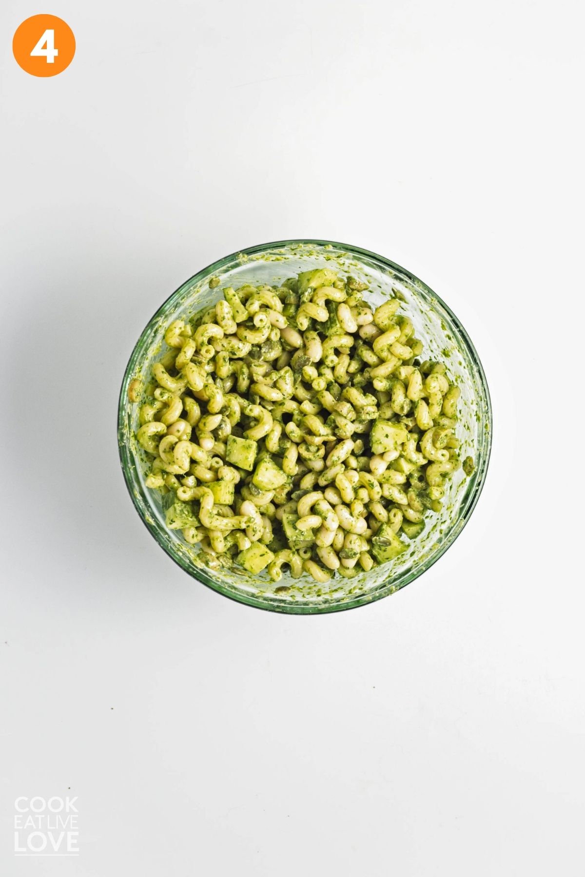 Green goddess pasta salad mixed in a bowl.
