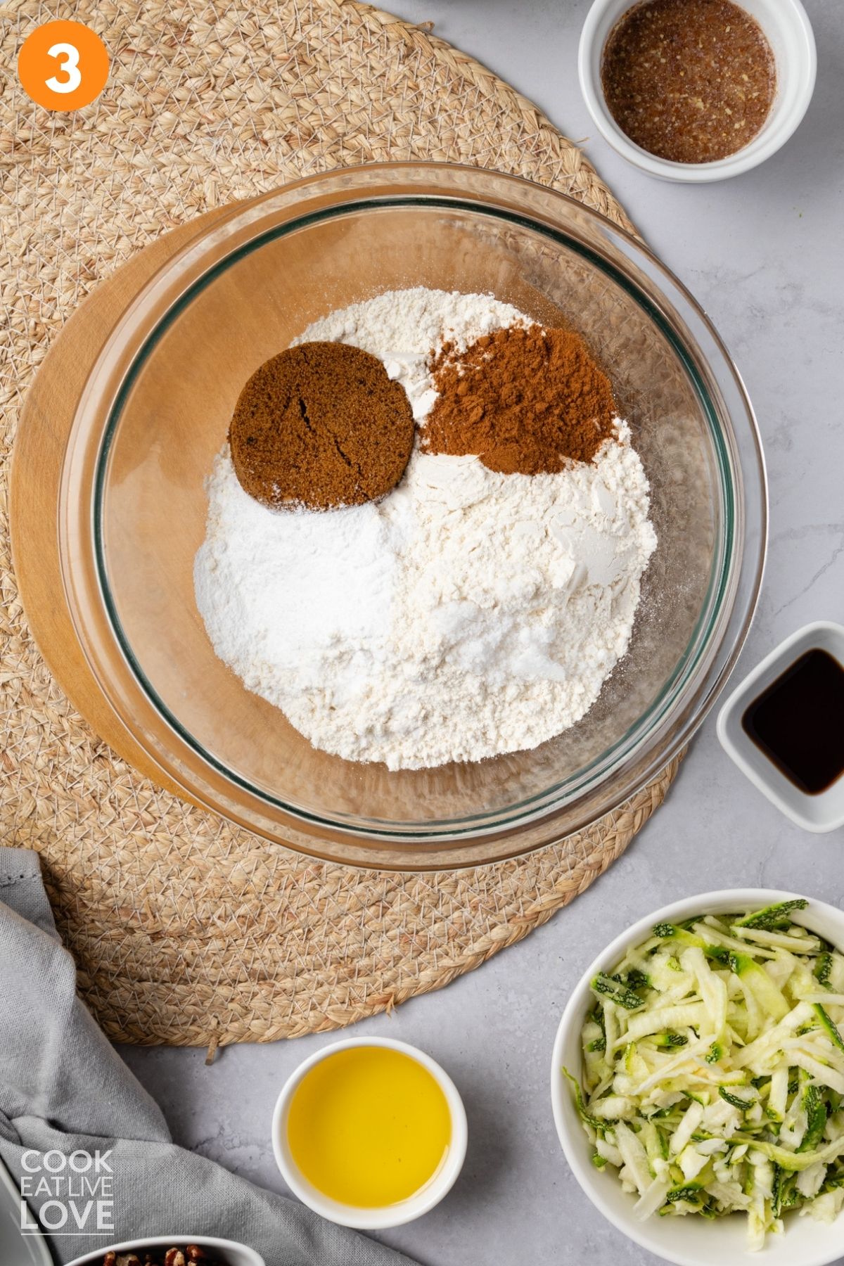 Dry ingredients added to a bowl.